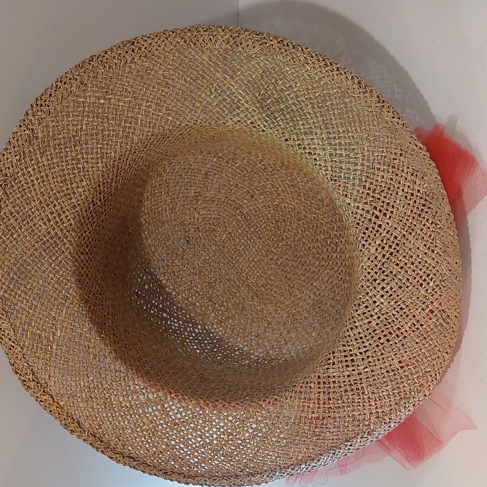 Straw Woven Hat with Red Scarf Band - Picture 4 of 5